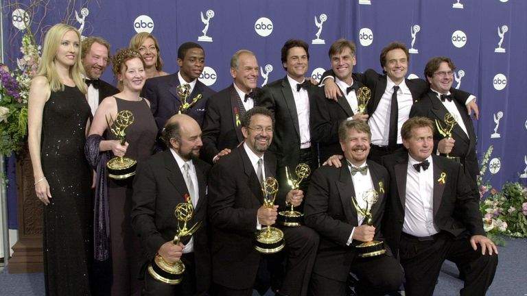 The cast and crew of The West Wing at the 2000 Primetime Emmy Awards