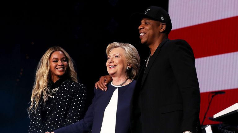 Jay Z and Beyonce welcome on stage Hillary Clinton