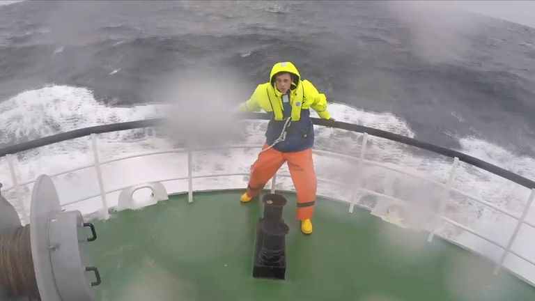 Sky&#39;s Joe Tioday braves the elements in the North Sea