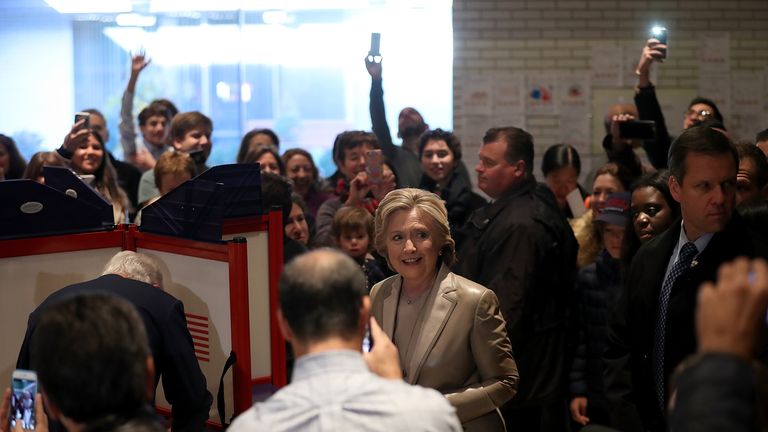 CHAPPAQUA, NY - NOVEMBER 08: Democratic presidential nominee former Secretary of State Hillary Clinton is surrounded by people as she votes at Douglas Grafflin Elementary School on November 8, 2016 in Chappaqua, New York. Hillary Clinton cast her ballot in the presidential election as the rest of America goes to the polls to decide between her and Republican presidential candidate Donald Trump. (Photo by Justin Sullivan/Getty Images)