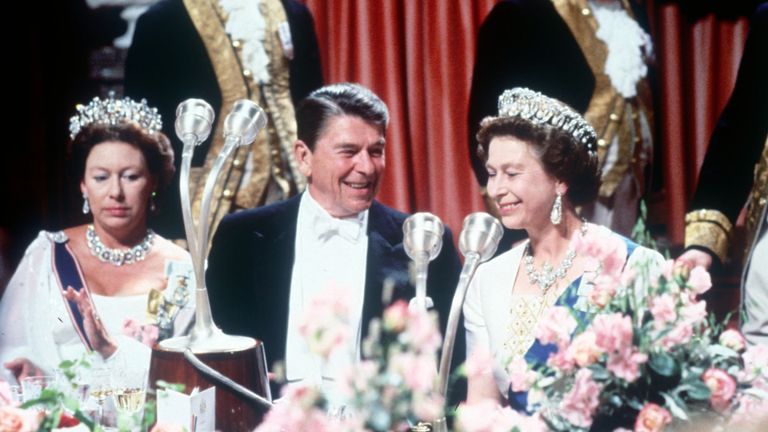Princess Margaret and the Queen entertain US President Reagan at Windsor Castle in 1980