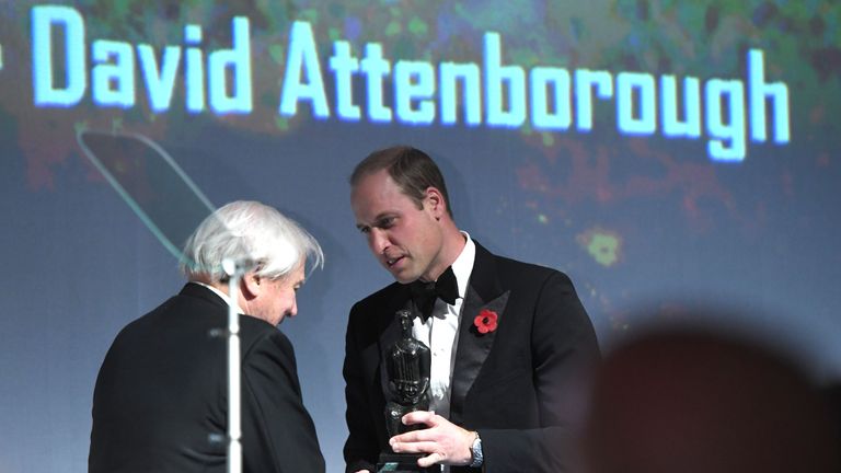 The Duke of Cambridge presented the Beyond Theatre award to Sir David Attenborough for his outstanding contribution to broadcasting