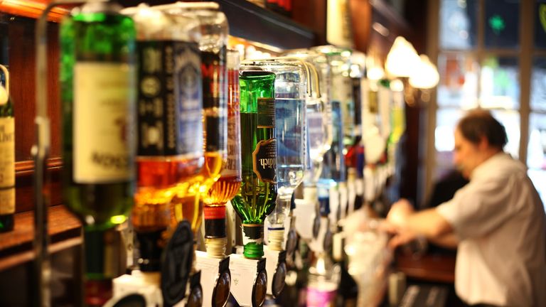 Spirit bottles lined up behind the bar in a pub on March 11, 2011 in London, England