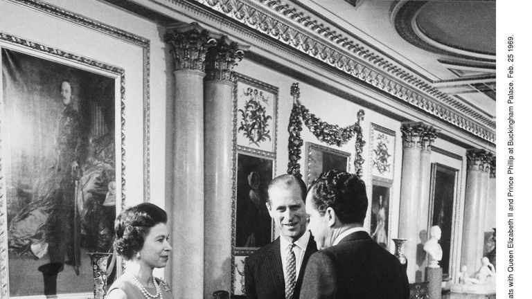 President Nixon chats with Queen Elizabeth II and Prince Phillip at Buckingham Palace. Feb. 25 1969.
1969
