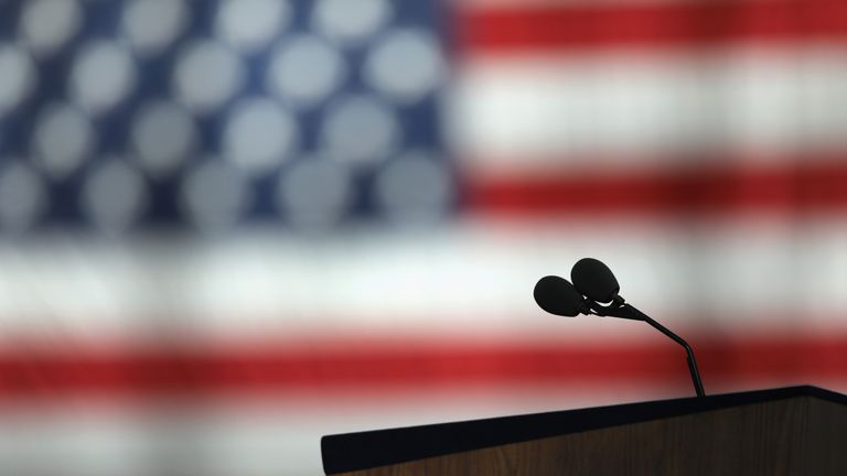 NEW YORK, NY - NOVEMBER 08: Microphones stand on stage where Democratic candidate Hillary Clinton will give her election night address on November 8, 2016 at the Javits Center in New York City. Both Clinton and Republican nominee Donald Trump are scheduled to hold election night events in Manhattan. (Photo by John Moore/Getty Images)