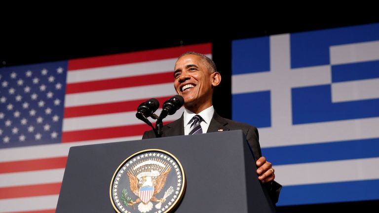 Barack Obama delivers a speech in Athens
