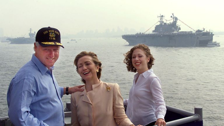 The Clinton family in New York Harbor shortly before the end of his second term as president