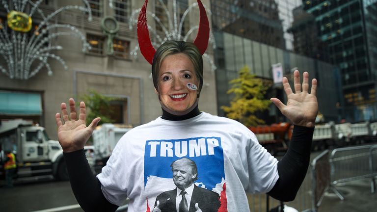 NEW YORK, NY - NOVEMBER 9: A supporter of Donald Trump wears a Hillary Clinton mask outside of Trump Tower, November 9, 2016 in New York City. Republican candidate Donald Trump won the 2016 presidential election in the early hours of the morning in a widely unforeseen upset. (Photo by Drew Angerer/Getty Images)
