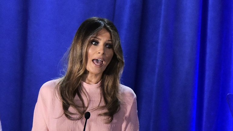 Melania Trump speaks during a rally for her husband Donald in Berwyn, Pennsylvania