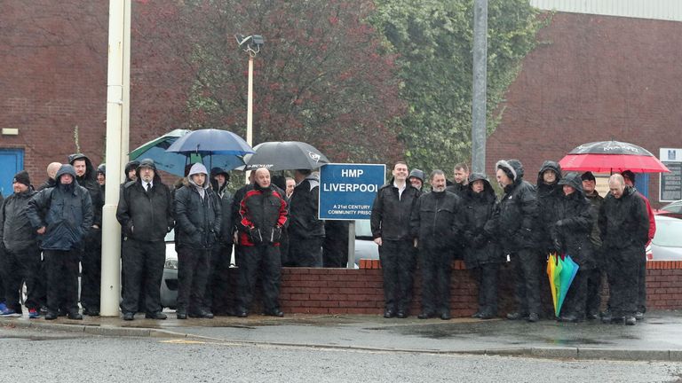 Prison officers outside Liverpool Prison in a protest over health and safety concerns