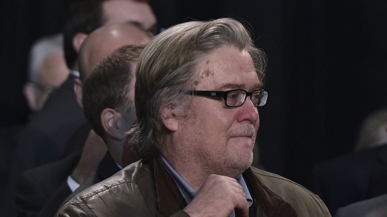 Trump campaign CEP Stephen Bannon watches as Republican presidential nominee Donald Trump addresses the final rally of his 2016 presidential campaign at Devos Place in Grand Rapids, Michigan