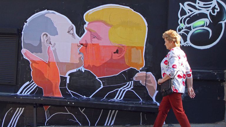 A mural on a restaurant wall in Lithuania showing Donald Trump and Vladimir Putin, which followed warm campaign comments by the former towards Russia