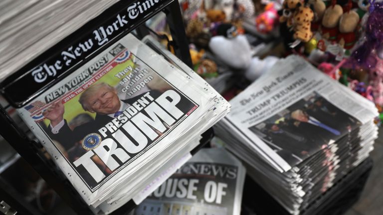 Front pages from New York City newspapers feature President-elect Donald Trump on November 9, 2016 in New York City