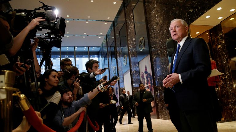 US Senator Jeff Sessions, an adviser to US President-elect Donald Trump, speaks to members of the media in the lobby of Trump Tower in the Manhattan borough of New York City, New York November 17, 2016