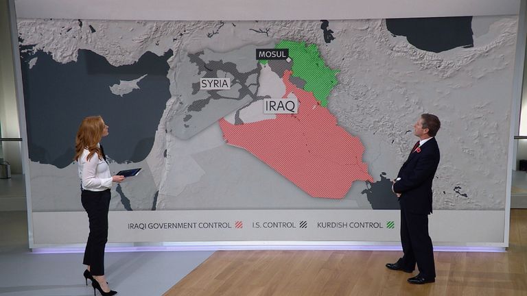 A map shows the territorial control in Iraq and Syria surrounding Mosul