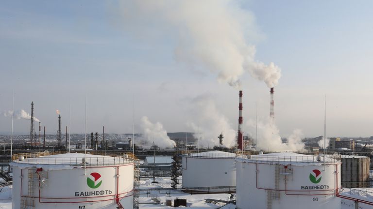 A general view of oil tanks at the Bashneft-Ufimsky refinery plant 