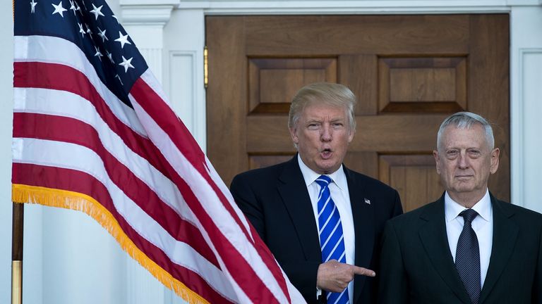 BEDMINSTER TOWNSHIP, NJ - NOVEMBER 19: (L to R) President-elect Donald Trump welcomes retired United States Marine Corps general James Mattis as they pose for a photo before their meeting at Trump International Golf Club, November 19, 2016 in Bedminster Township, New Jersey. Trump and his transition team are in the process of filling cabinet and other high level positions for the new administration. (Photo by Drew Angerer/Getty Images)
