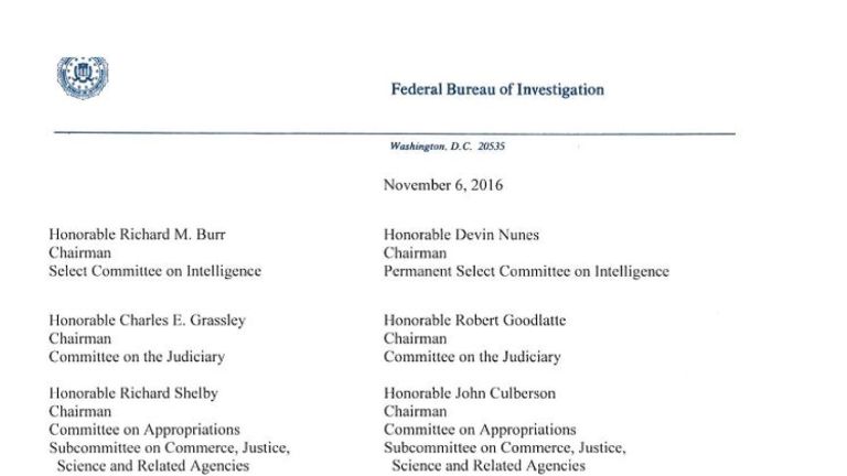 The letter from James Comey confirming no criminal case against Clinton
