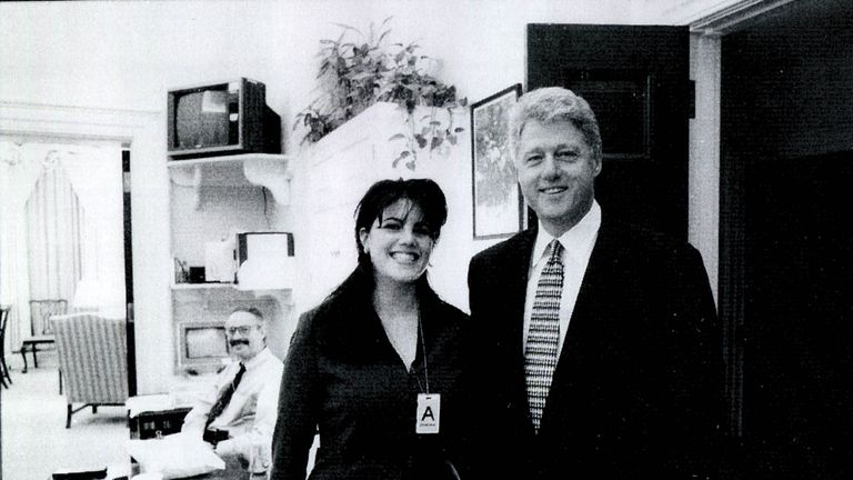White House intern Monica Lewinsky meeting President Bill Clinton at the White House in 1998