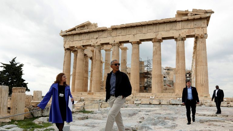 U.S. President Barack Obama tours the Acropolis in Athens
