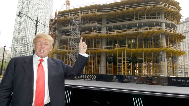 Donald Trump poses in front of one his hotels in Chicago in 2006