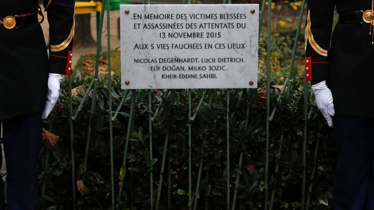 A plaque at one of the sites attacked by Islamic extremists in Paris a year ago