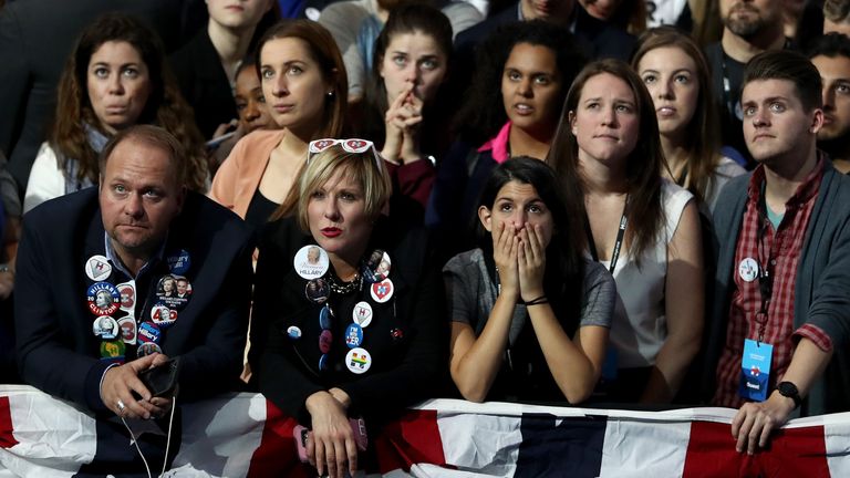 People watch voting results at Democratic presidential nominee former Secretary of State Hillary Clinton's election night event at the Jacob K. Javits Convention Center .