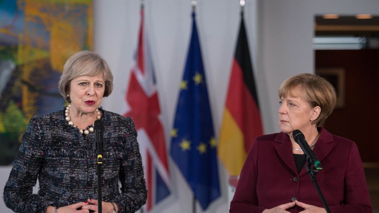 Theresa May and Angela Merkel address the media at the Chancellery in Berlin