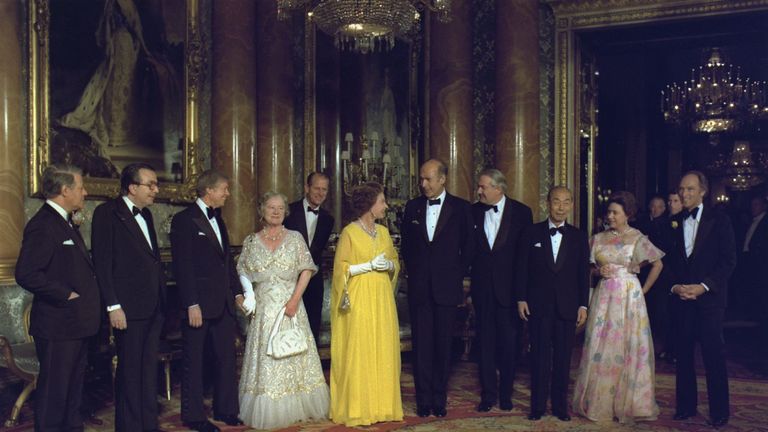 Leaders from Canada France the Federal Republic of Germany Italy Japan and the United Kingdom with the British Royal family during the Economic Summit of May 7-8 1977.
1977