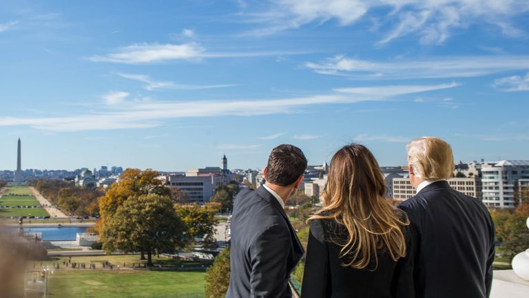House Speaker Paul Ryan shows Donald Trump and his wife, Melania Trump, the Speaker's Balcony at the US Capitol in Washington, DC