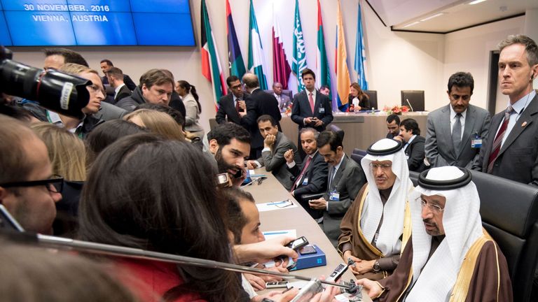 Saudi Arabia&#39;s energy minister Khalid al-Falih (bottom right) attends a meeting of the Organization of the Petroleum Exporting Countries, OPEC, at the OPEC headquarters in Vienna, Austria on November 30, 2016. OPEC sought to defy expectations and finalise a deal reducing its oil output for the first time in eight years, in an effort to boost painfully low crude prices
