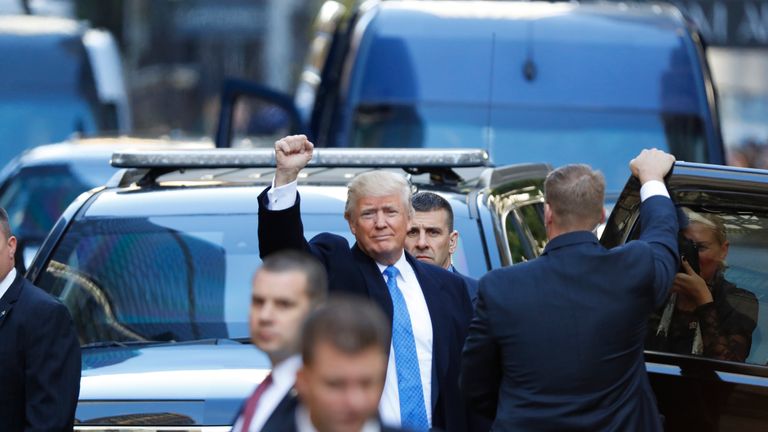 NEW YORK, NY - NOVEMBER 8: Republican presidential nominee Donald Trump departs after voting at the Beckman Hill International School in New York City. After a contentious campaign season, Americans go to the polls today to choose the next president of the United States. (Photo by Aaron P. Bernstein/Getty Images)