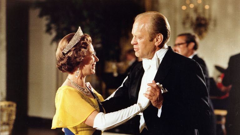 Gerald Ford (1913-2006) 38th President of the United States 1974-1977, dancing with Queen Elizabeth II at the ball at the White House, Washington, during the 1976 Bicentennial Celebrations of the Declaration of Independence.
