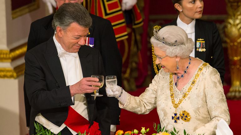 A state banquet was held for Juan Manuel Santos at Buckingham Palace
