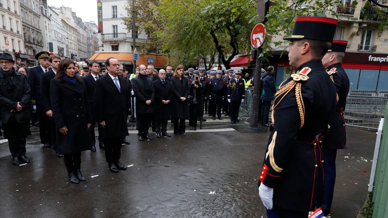 Francois Hollande attends a memorial at one of the sites attacked by terrorists a year ago