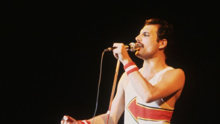 Freddie Mercury on stage in Leeds in 1982