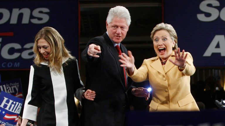 On the campaign trail: Bill, Chelsea and Hillary during the 2008 primaries in New York