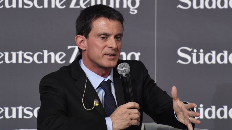 French Prime Minister Manuel Valls delivers his speech at economic forum organized by German newspaper Sueddeutsche Zeitung at the Hotel Adlon in Berlin on November 17, 2016