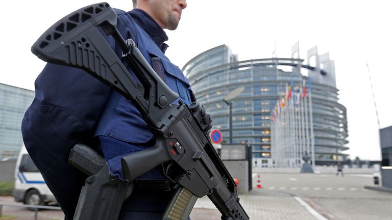 A French CRS policeman stands guard in front of the European Parliament in Strasbourg, France, November 21, 2016. France said on Monday it had foiled a terrorist plot and arrested seven people, a year after a state of emergency was imposed to counter a wave of Islamist attacks