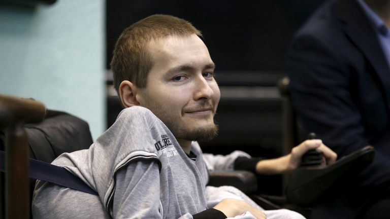 Valery Spiridonov, a man who has volunteered to be the first person to undergo a head transplant, attends a news conference in Vladimir, Russia, June 25, 2015. The 30-year-old Russian, who has a degenerative muscle condition known as Werdnig-Hoffman, wants to become the first person ever to undergo a human head transplant