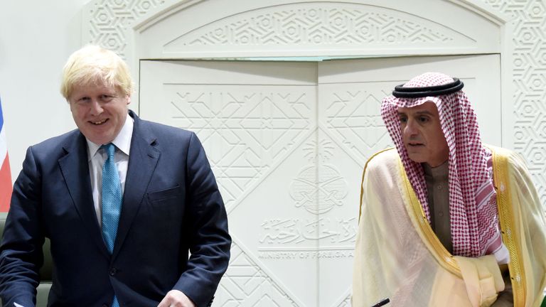 Foreign Secretary Boris Johnson and Saudi Minister of Foreign Affairs Adel al-Jubeir arrive for a joint press conference, on December 11, 2016 in Riyadh