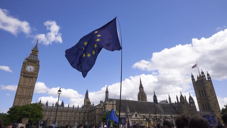A European Union flag is flown in Parliament Square 
