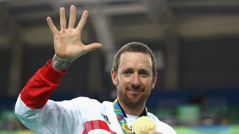 Sir Bradley with his fifth gold medal for the Men&#39;s Team Pursuit in Rio