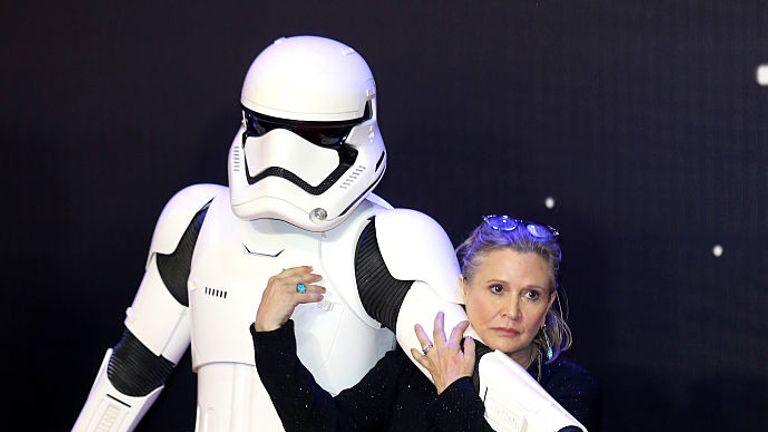 Carrie Fisher attends the European Premiere of Star Wars: The Force Awakens