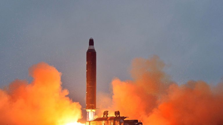 This undated picture released from North Korea&#39;s official Korean Central News Agency (KCNA) on June 23, 2016 shows a test launch of the surface-to-surface medium long-range strategic ballistic missile Hwasong-10 at an undisclosed location in North Korea. The Musudan -- also known as the Hwasong-10 -- has a theoretical range of anywhere between 2,500 and 4,000 kilometres (1,550 to 2,500 miles). 