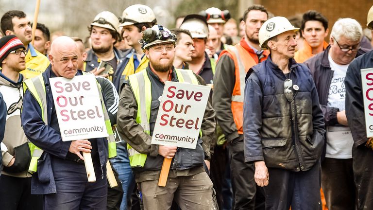 Workers at the Port Talbot plant waiting to speak to Sajid Javid in April