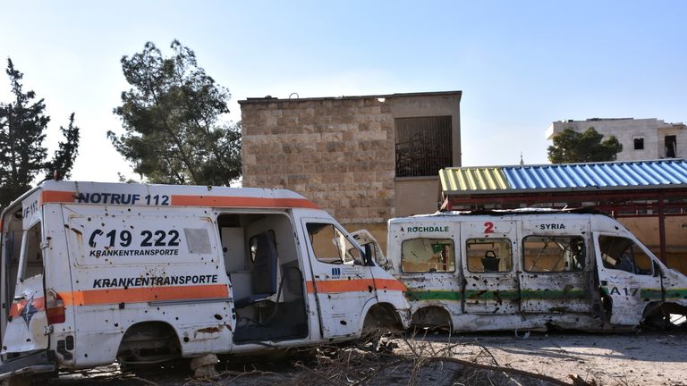 A picture shows the wreckage of ambulances outside a makeshift hospital which was used by rebel fighters in Aleppo&#39;s al-Sakhur neighbourhood, on December 6, 2016, a few days after the area was retaken by the Syrian government troops. / AFP / GEORGE OURFALIAN (Photo credit should read GEORGE OURFALIAN/AFP/Getty Images)