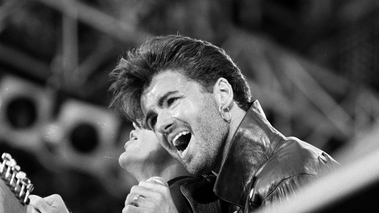 George Michael on stage for Wham&#39;s last sell out concert at Wembley Stadium in 1986