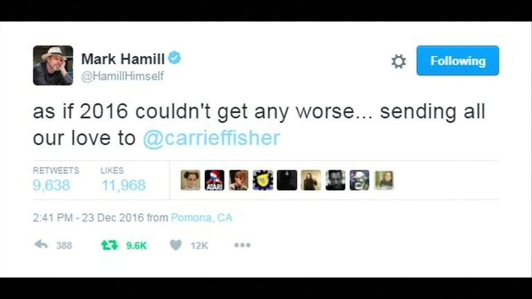 Mark Hammill tweets his support for Carrie Fisher