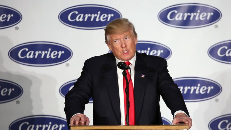 Donald Trump speaks during a visit to the Carrier plant in Indianapolis